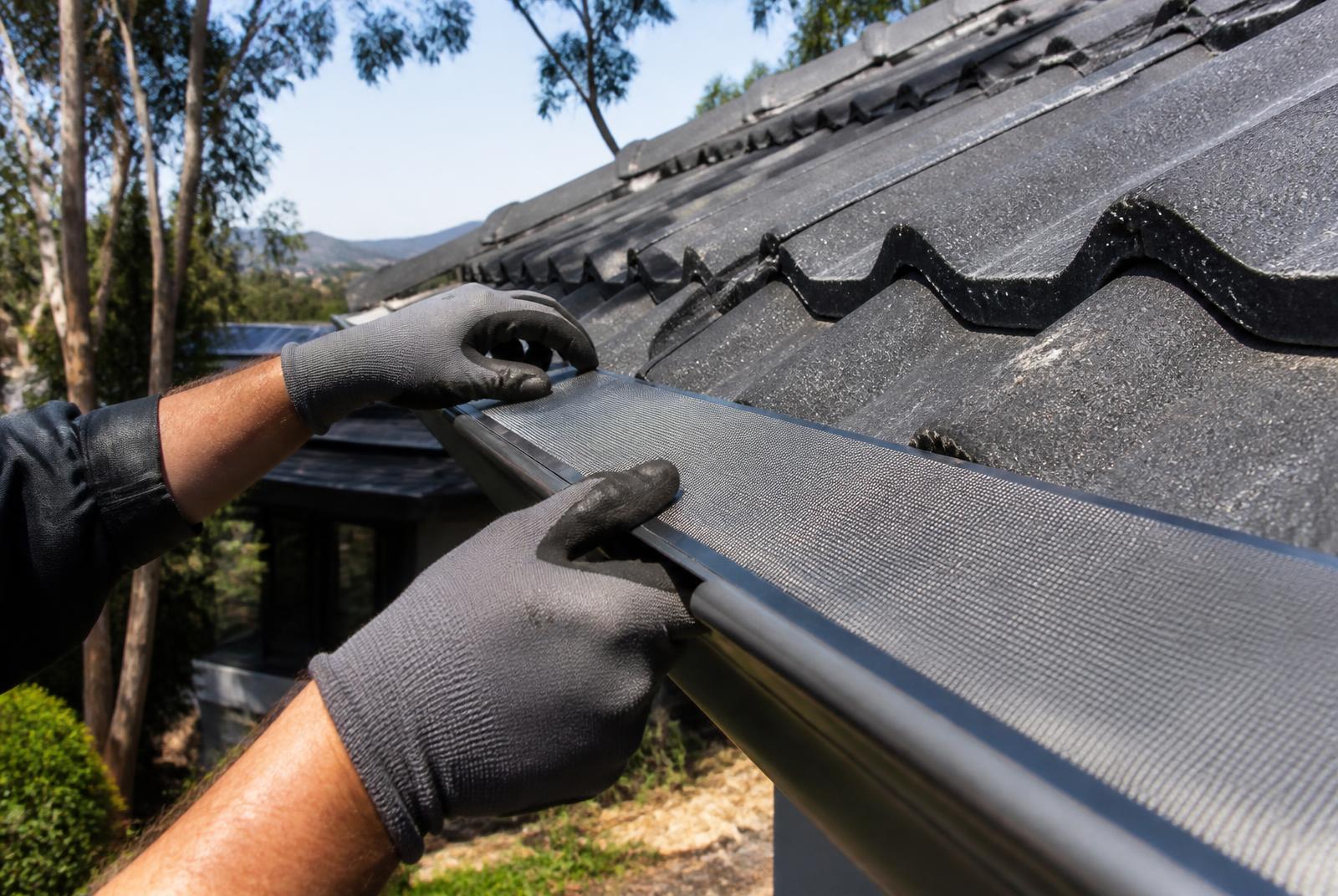 Metal mesh gutter guard being fitted to a tiled roof in Canberra