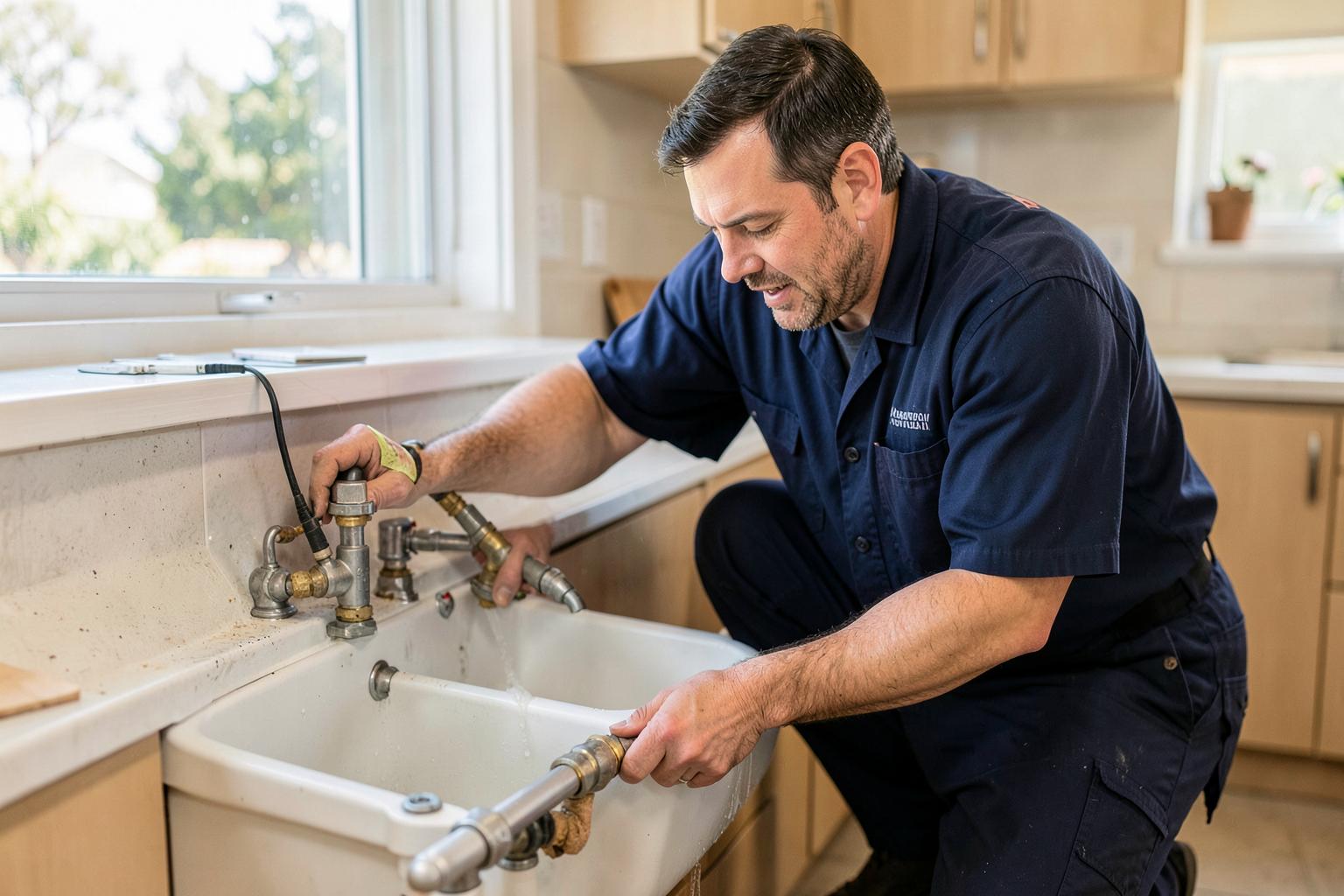 Plumber checking isolation valves and pipe connections during Canberra home maintenance
